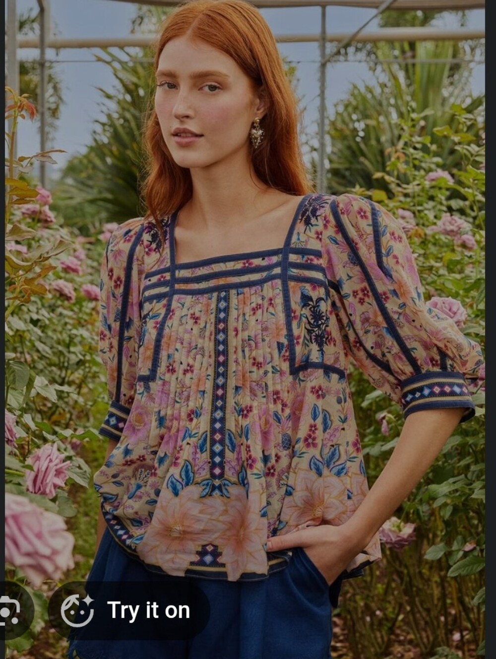 FARM Rio Cream SUPERBLOOM Floral Tapestry Puff-Sleeve Blouse with Navy Trim